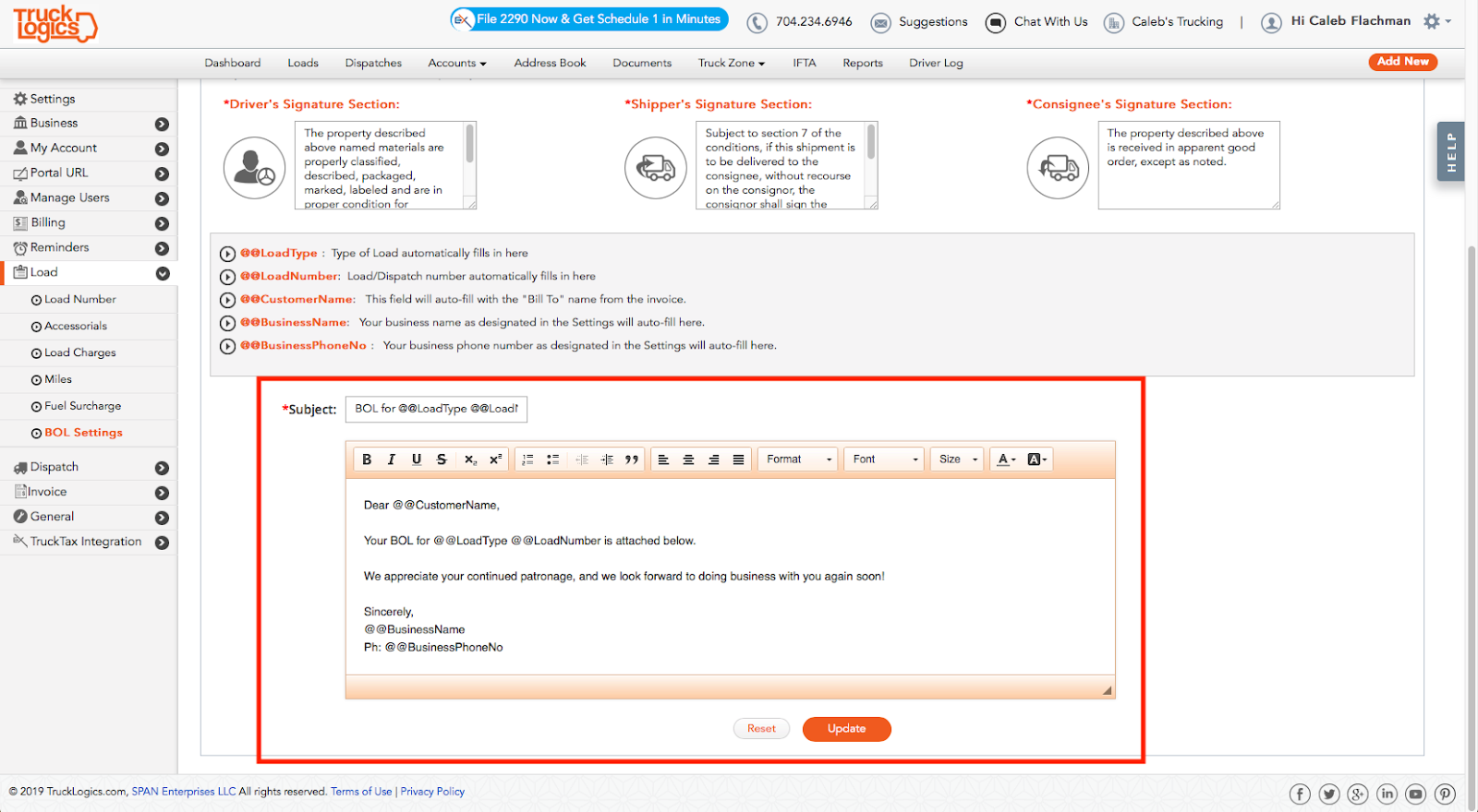 TruckLogics bill of lading customized email