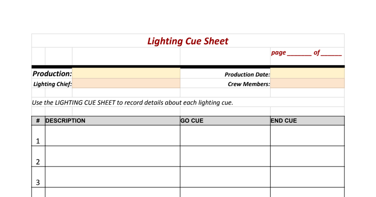 Lighting Cue Sheet Template Google Sheets