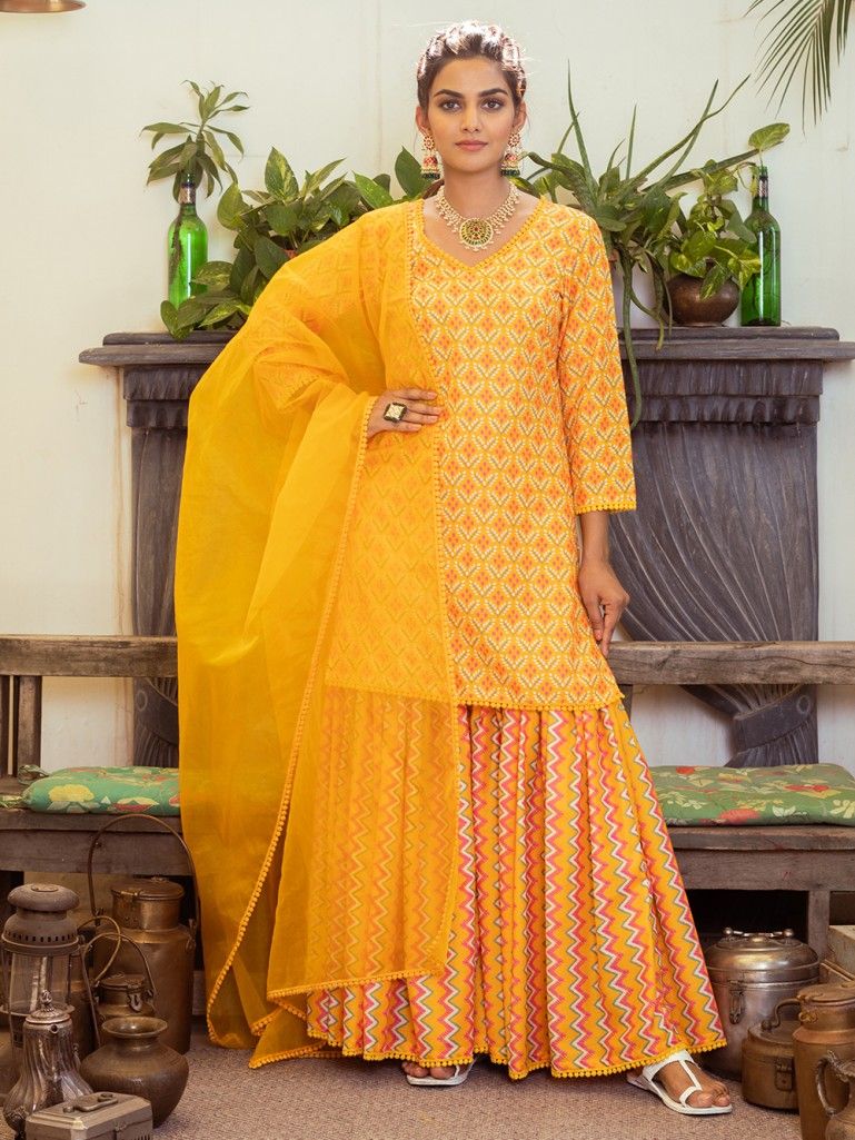 Yellow Printed Muslin short kurta with Stripped Gharara