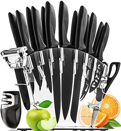 Stainless Steel Knife Set with Block 13 Kitchen Knives Set Chef Knife Set with Knife Sharpener, 6 Steak Knives, Carving Set with Bonus Peeler Scissors Cheese Pizza Knife and Acrylic Stand by Home Hero