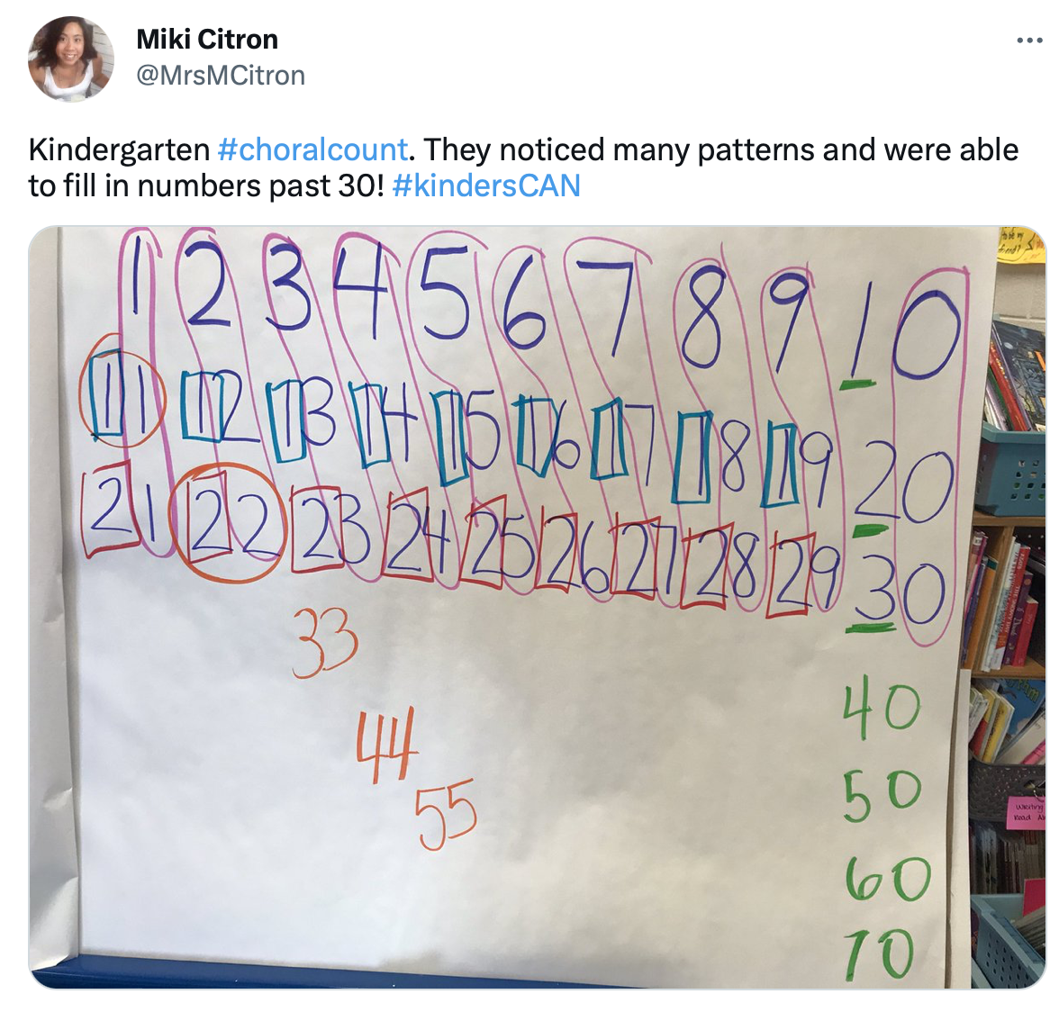A tweet from Miki Citron. The image shows a chart from the choral count with three rows of numbers (1-10, 11-20, 21-30). The column with 10, 20, 30 extends to 40, 50, 60, 70. Diagonally below 22 is 33, 44, 55.