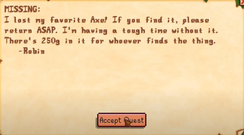 Screenshot of the letter you get from Robin asking you to help her find her axe