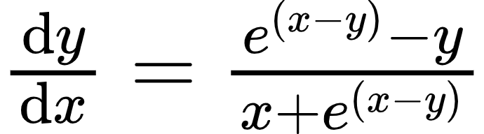 {"font":{"color":"#000000","size":12,"family":"Arial"},"type":"$","code":"$\\diff{y}{x}=\\frac{e^{\\left(x-y\\right)}-y}{x+e^{\\left(x-y\\right)}}$","id":"50","ts":1598437867644,"cs":"tzmZi+gbyVRPC2ZrsWnGyg==","size":{"width":114,"height":32}}