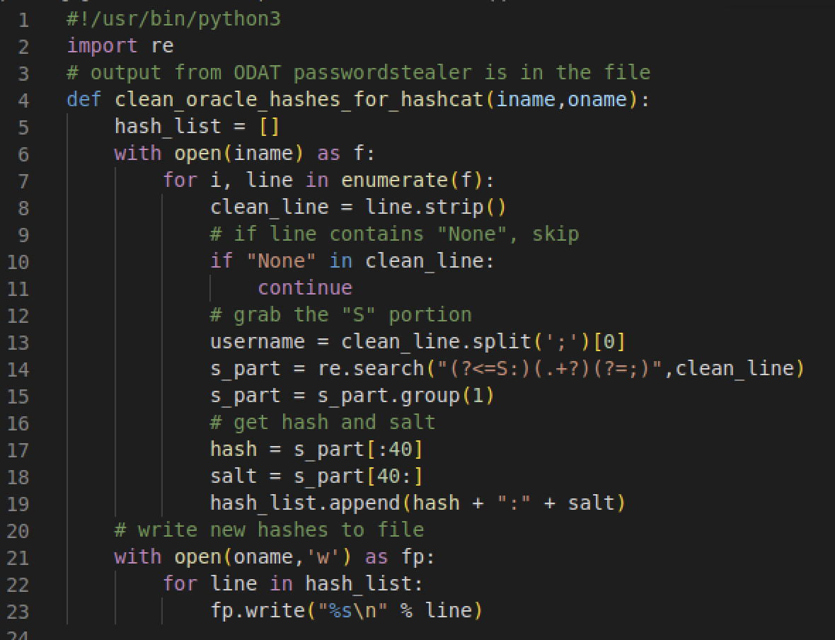 White Oak Security was dealing with several thousand password hashes, so I created a quick python script to format my hashes in the correct padding. For future reference, the first 40 bytes is the hash and the rest is the salt. This can be found on Hashcat as mode 112 (6). 