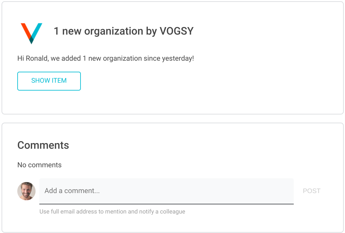 VOGSY dynamic email new organization notification