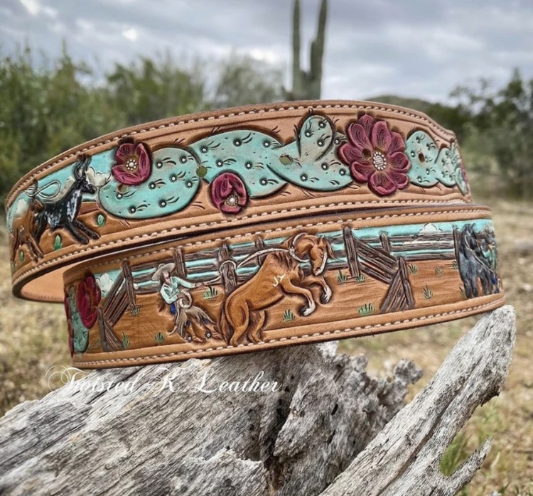 Tooled leather belt - young horse and trainer - Twisted K Leather