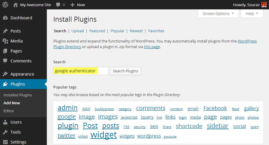 Pesquise o plug-in WordPress gratuito do Google Authenticator
