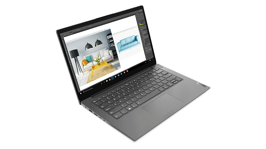 Lenovo V15 Gen 2 (15” Intel) laptop – ¾ left front view with lid open and photo-editing app on the display