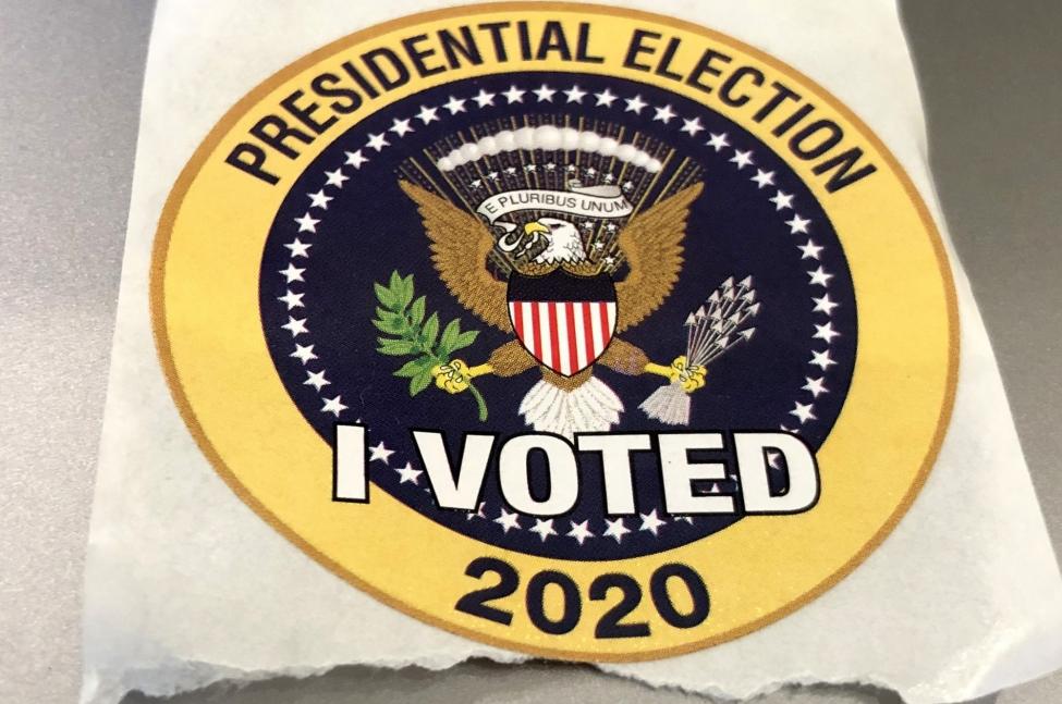 Palm Beach County residents are given this sticker after they vote in the 2020 presidential election, pictured at the West Boca Branch library in Boca Raton, Fla., on October 19. Photo by Gary I Rothstein/UPI