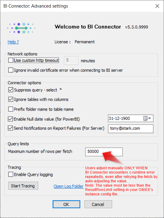 BI Connector Number of rows per fetch