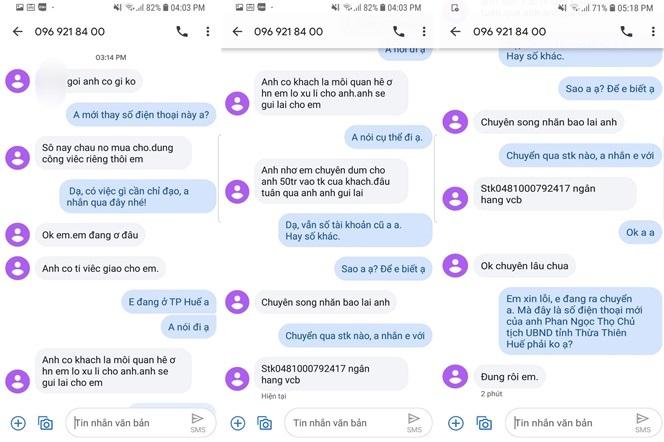 Đoạn tin nhắn mà kẻ mạo danh Chủ tịch UBND tỉnh Thừa Thiên Huế nhắn tin mượn tiền phóng viên.