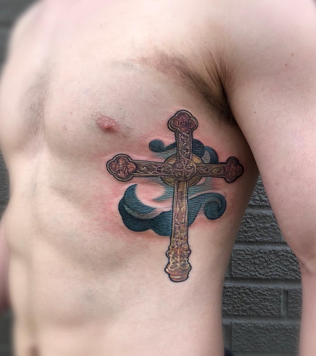 Stunning Cross Tattoo For Rib