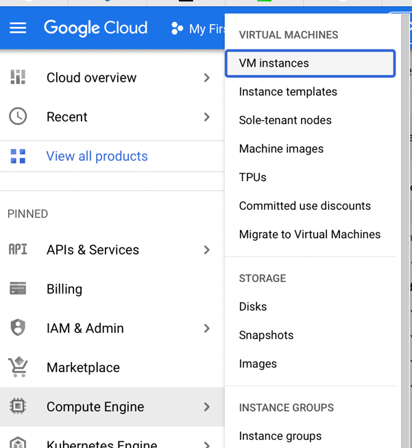 A screenshot of the Google Cloud interface showing the Compute Engine menu and virtual machines submenu.