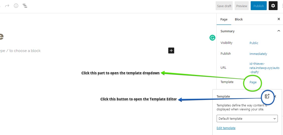 Screenshot showing how to open the Template Editor from the page/post Editor