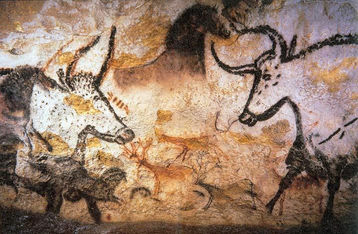 Depiction of the Lascaux cave paintings depicting wild animals.