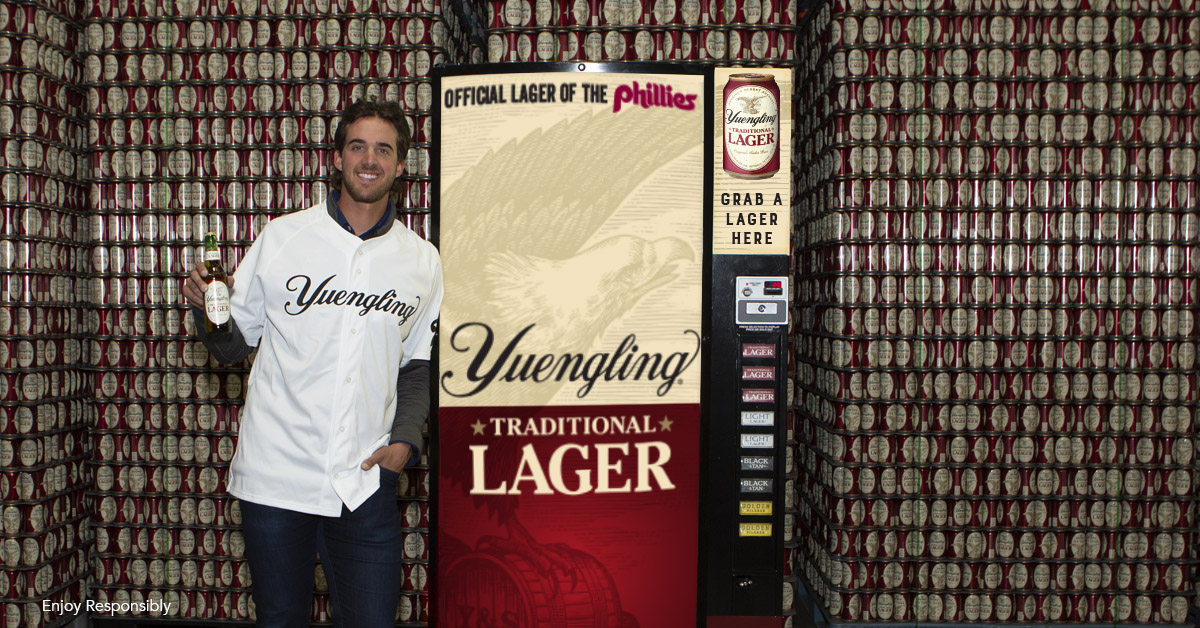 Yuengling Brewery and baseball player Arron Nola with a vending machine as a sweepstakes prize