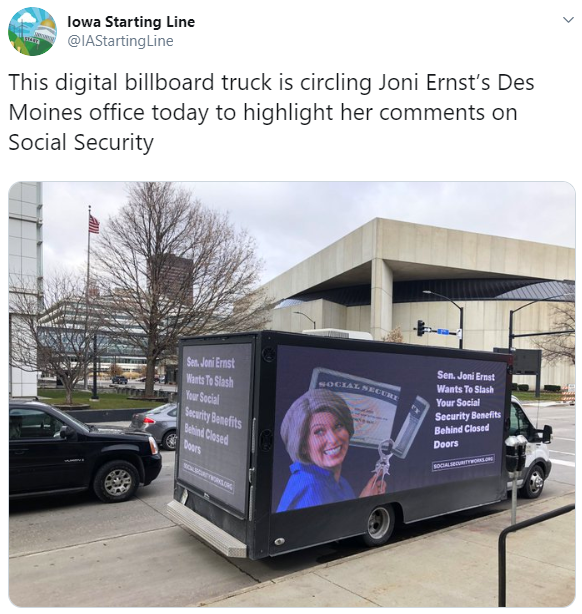 @IAStartingLine: This digital billboard truck is circling Joni Ernst's Des Moines office today to highlight her comments on Social Security