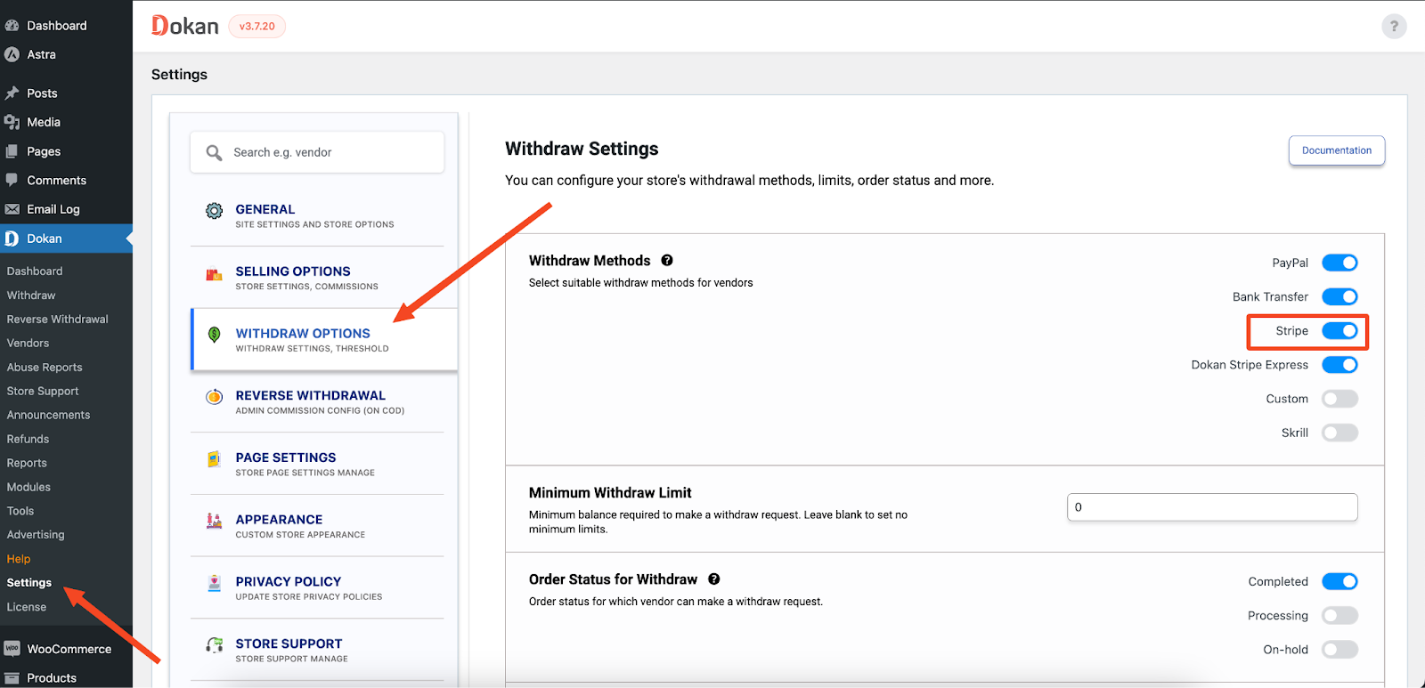 A screenshot of the Dokan Stripe Module withdraw options