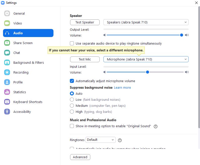 An image of the Zoom Audio Settings. The Microphone selected is "Microphone (Jabra Speak 710)".