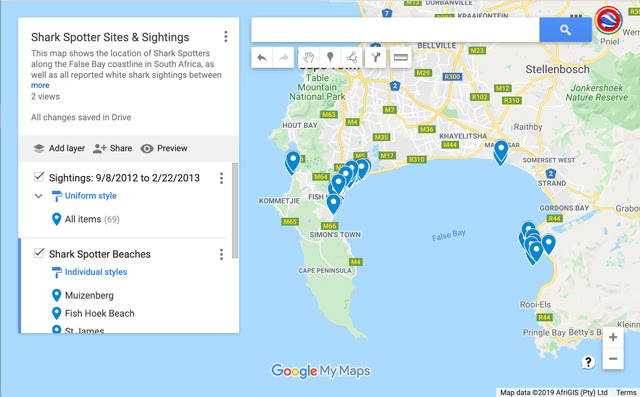 Screenshot of using google Maps to display data "Shark spotter Sites and Sightings"