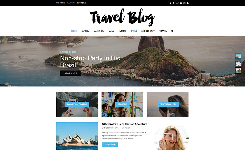 Tema total do WordPress (demonstração do blog de viagens)