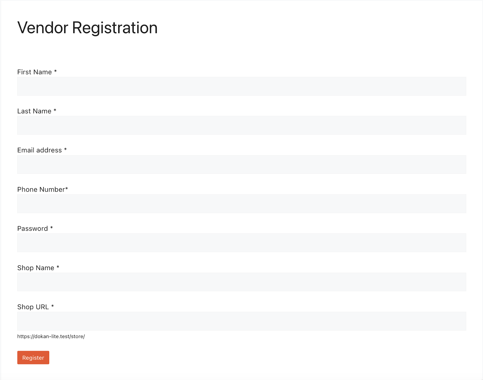 This is a screenshot of Dokan Vendor registration form