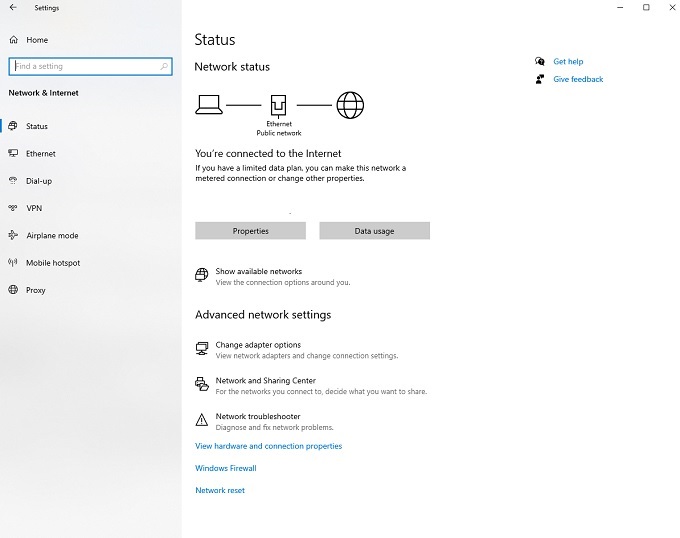 Windows Network Status settings