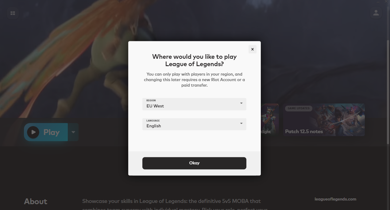 Screenshot of League of Legends region select on the client app