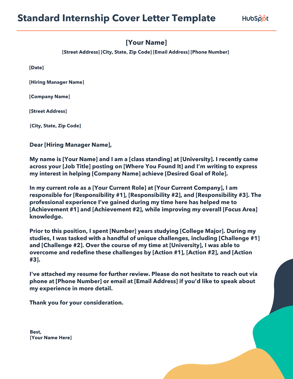 standard internship cover letter template