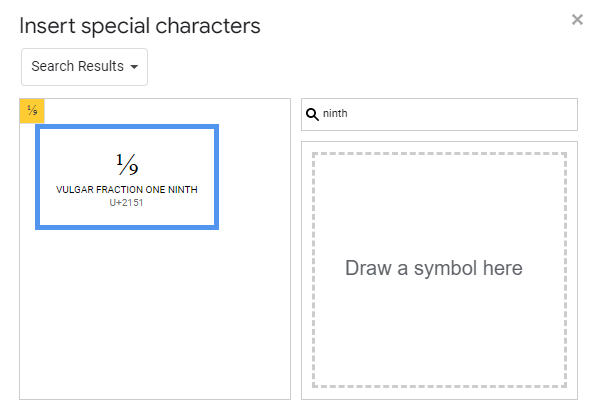 searching for one-ninth symbol in special characters in google docs
