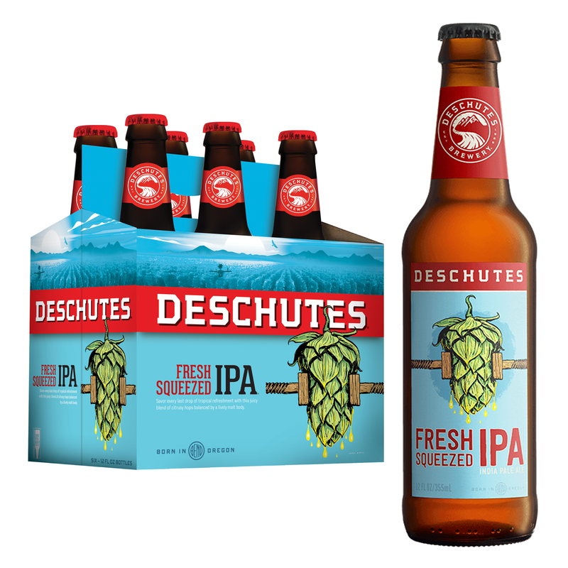 6-pack of Deschutes Fresh Squeezed IPA next to a single bottle