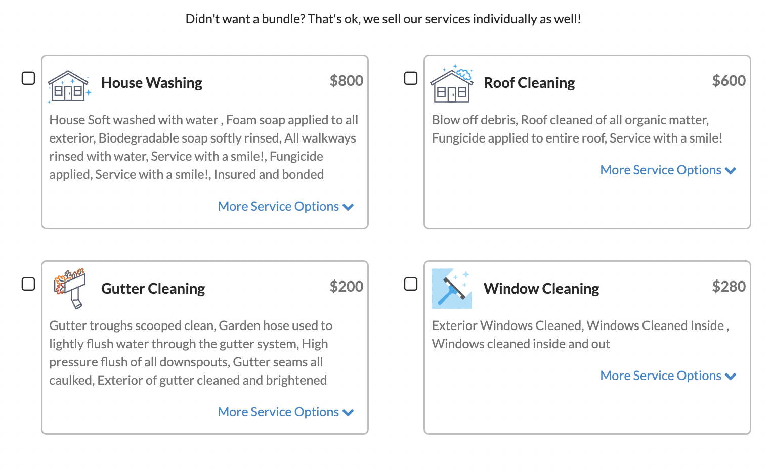 house wash, roof wash, gutter clean, a la carte services, service minimum