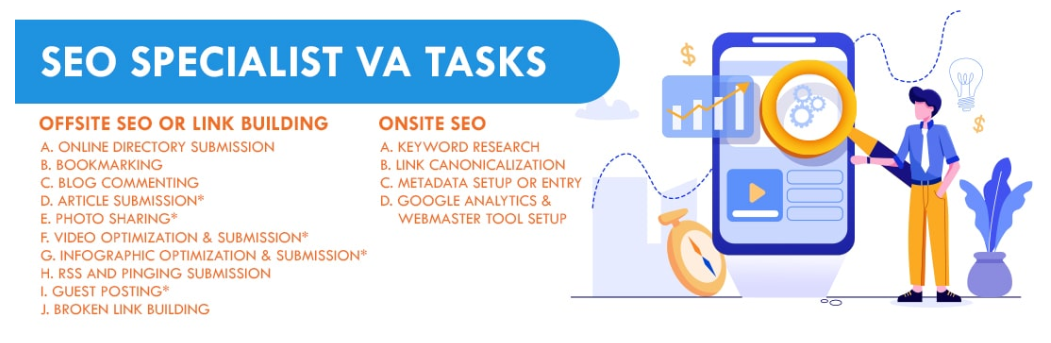 Infographic showing tasks that can be outsourced to an SEO VA