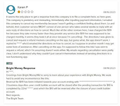 A negative Bright Money review of a customer who was wrongfully charged by the finance app. 