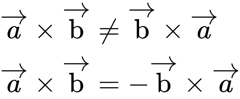 {"font":{"color":"#000000","size":10,"family":"Arial"},"type":"align*","id":"15-1-0-0-0-1","code":"\\begin{align*}\n{\\overrightarrow{a}\\times\\overrightarrow{\\text{b}}}&\\neq{\\overrightarrow{\\text{b}}\\times\\overrightarrow{a}}\\\\\n{\\overrightarrow{a}\\times\\overrightarrow{\\text{b}}}&={-\\overrightarrow{\\text{b}}\\times\\overrightarrow{a}}\t\n\\end{align*}","ts":1604651269979,"cs":"ktu+0YvI7PLGxtyMIxqNXA==","size":{"width":136,"height":56}}