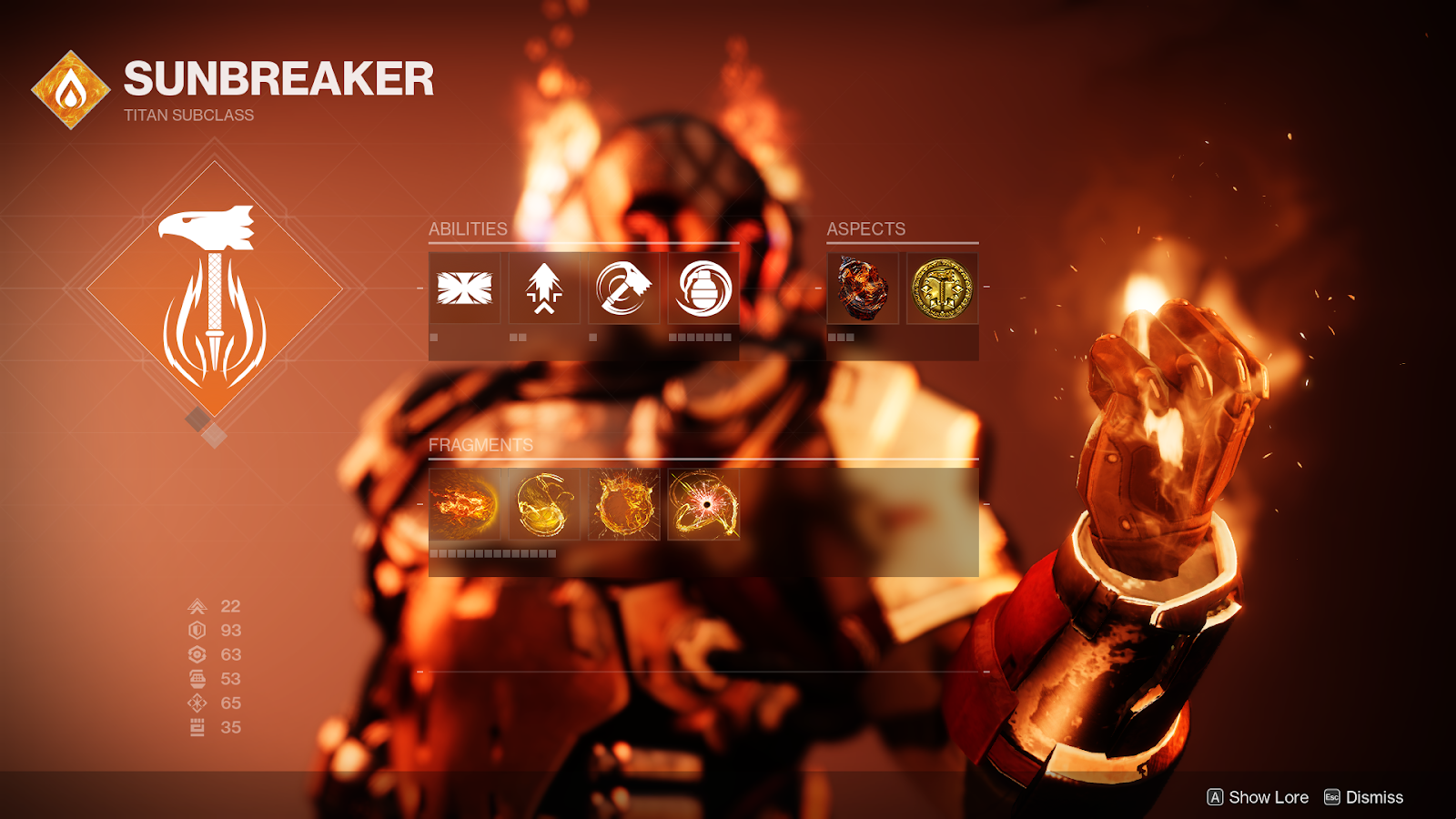 Screenshot from the game. A Solar 3.0 Titan in the background of the Abilities, Aspects, and Fragments menus.