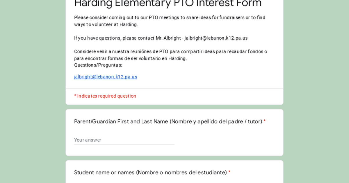 Harding Elementary PTO Interest Form