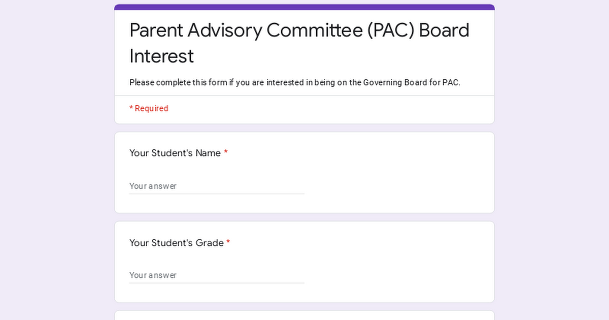 Parent Advisory Committee (PAC) Board Interest