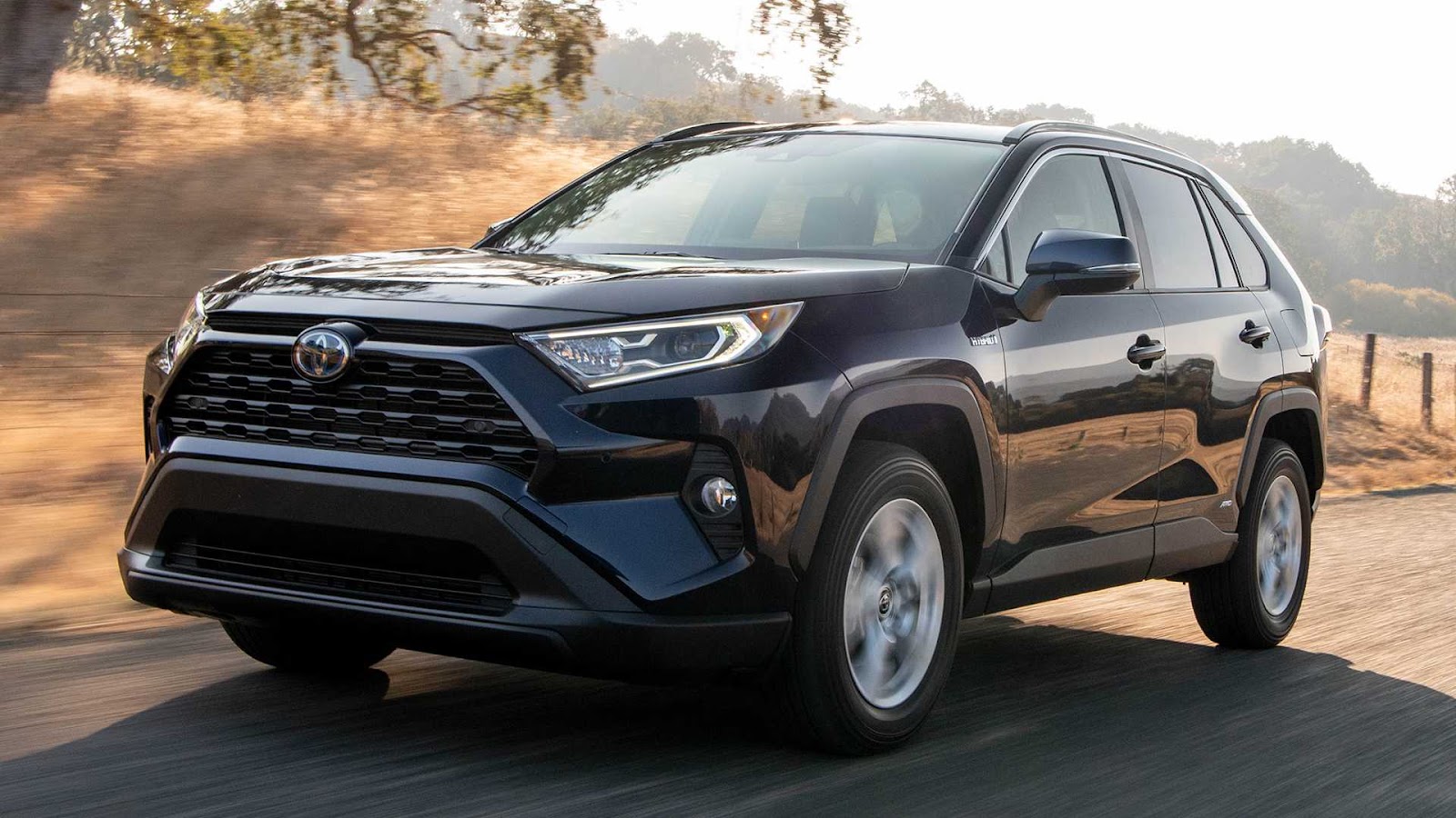 Black RAV4 Hybrid heads down a country road outside Nelson