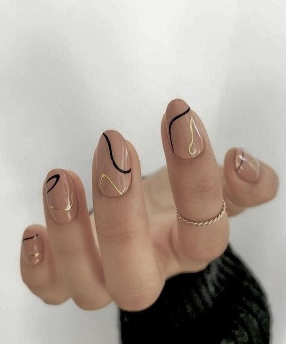 Delicate nude nails with line art for summer