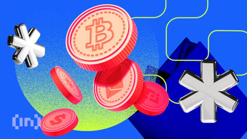 Man sieht mehrere rote Münzen mit Krypto Logos wie Ethereum, Bitcoin und Binance Coin darauf sowie zwei Tastatur-Sterne (asterix)  - Ein Bild von BeInCrypto.com.
