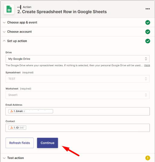 configuring google sheets action in zapier