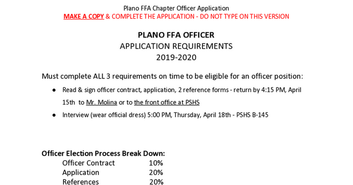 2019-2020 Plano FFA Officer Application