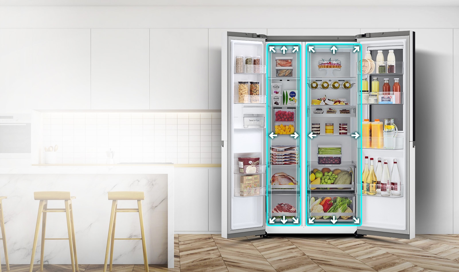 A video begins with the front view of the refrigerator with both doors wide open. The interior spaces are outlined in a neon lines and arrows begin to push the lines out to show that there is now more space inside. The neon square around the interior spaces flashes to show the difference between the new space and the old smaller space which is now outlined in a dotted white line.