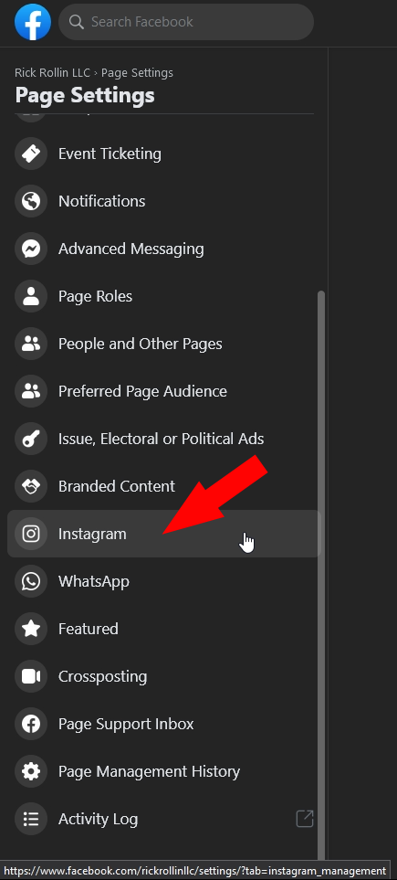 Facebook page settings with arrow pointing at Instagram