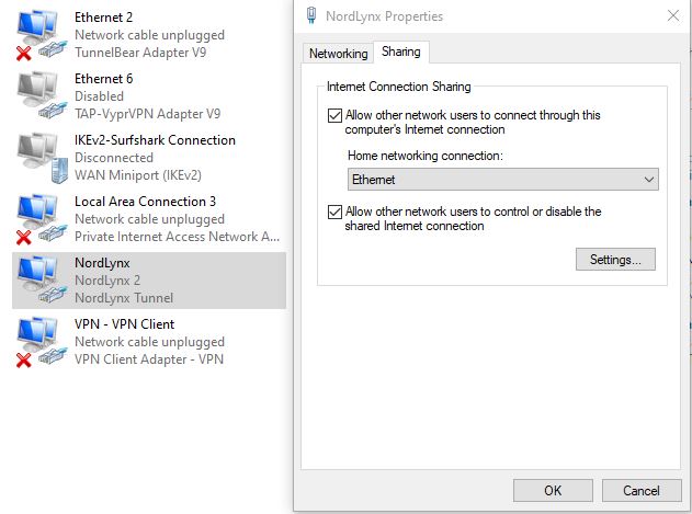 Windows Ethernet settings screen