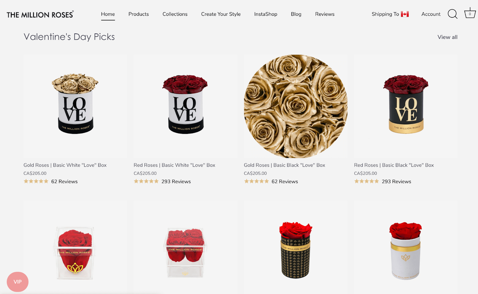  Valentine’s Day Gift Guide–A screenshot from The Million Roses’ website of their “Valentine’s Day Picks” page showing 8 different rose arrangements. 
