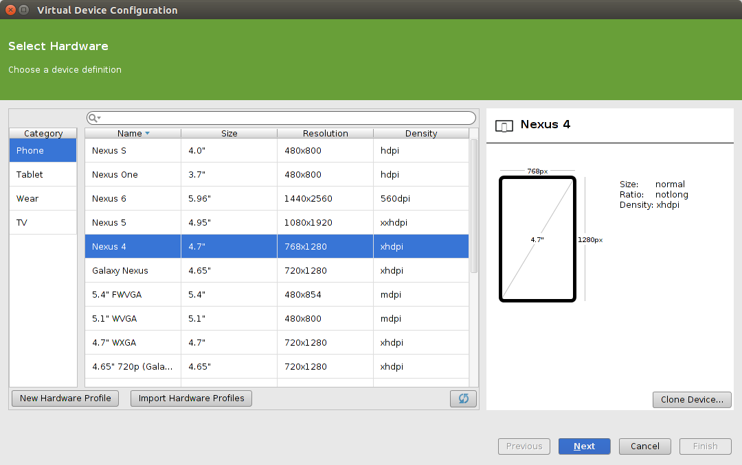 Settings for a new AVD