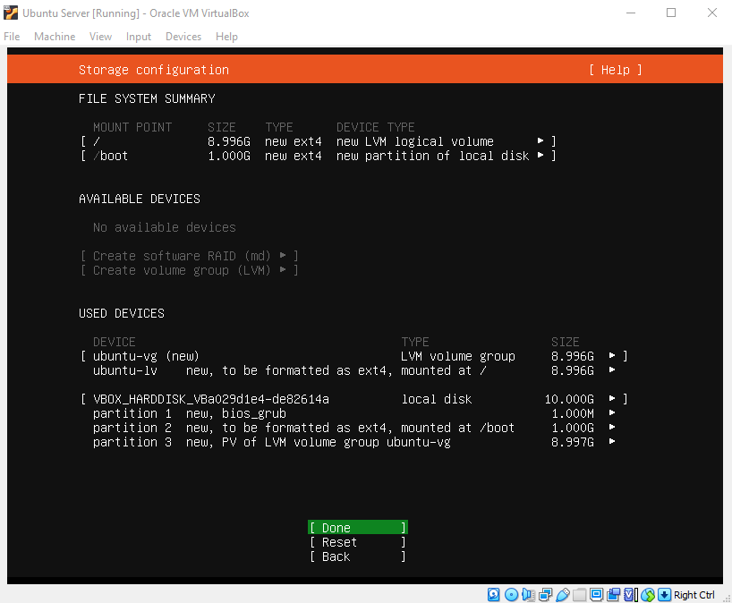 Virtual Hacking Lab - Ubuntu Server installation [Storage configuration]. Source: nudesystems.com