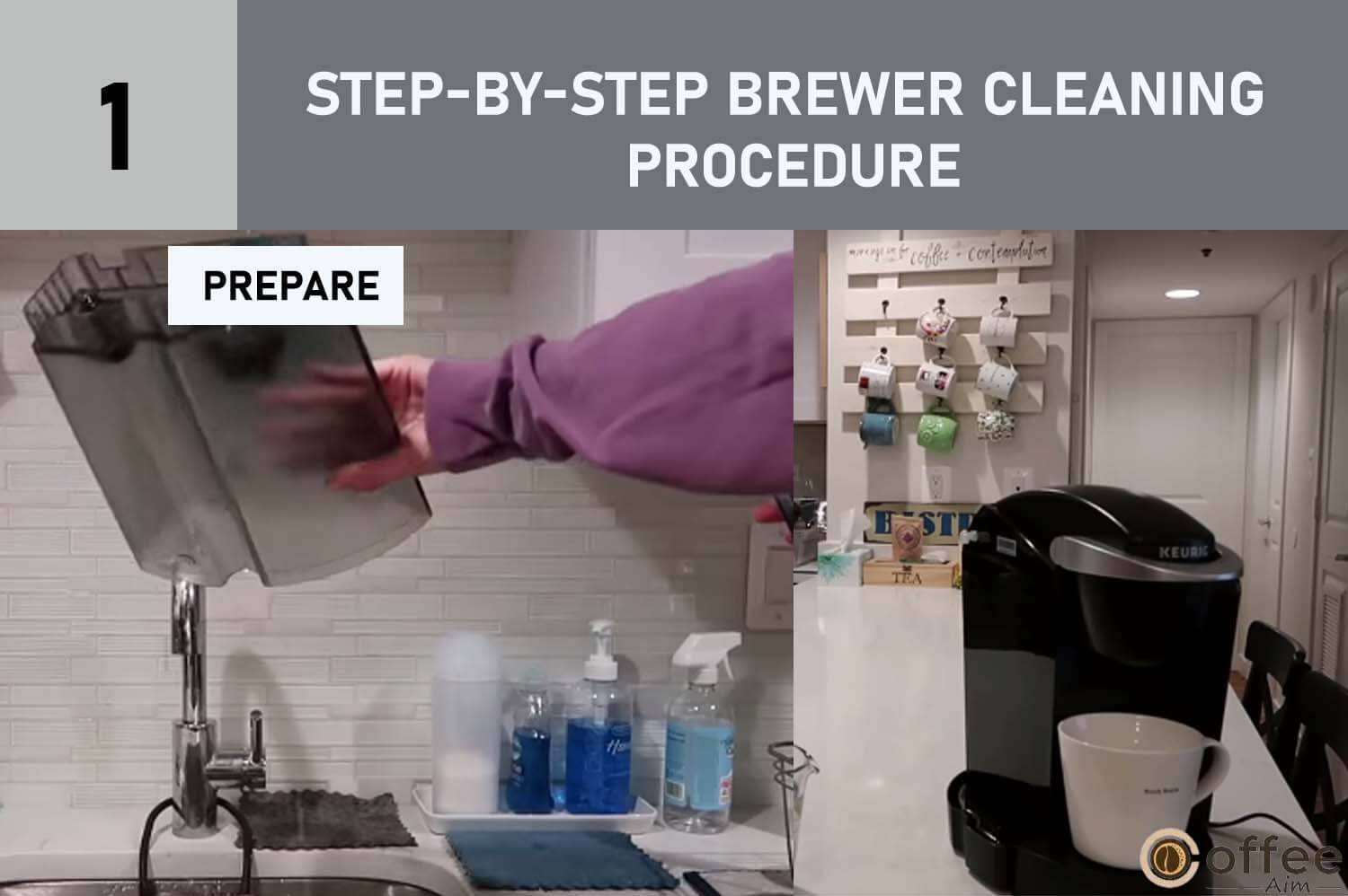 This image illustrates the meticulous "PREPARATION" required for the comprehensive "Step-by-Step Brewer Cleaning Procedure" outlined in the article "How to Use Keurig B-40."